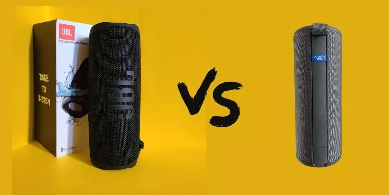 JBL Flip 6 vs UE Boom 3 speaker on the yellow background